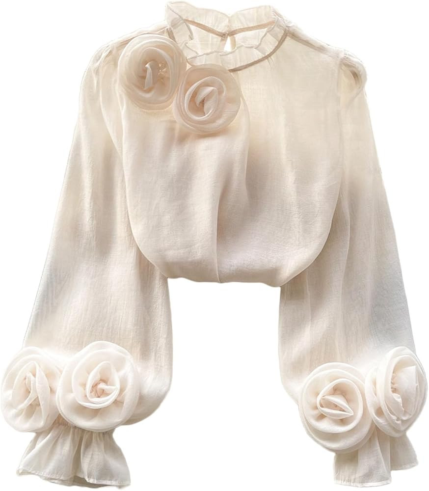 Women Sheer Chiffon Long Sleeve Shirts Ruffle Bubble Sleeve Blouse Crew Neck Flower Casual Tunic ... | Amazon (US)
