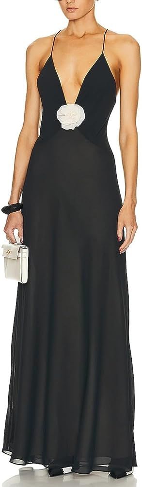 Women’s Deep V Neck Floral Print Maxi Dress Sleeveless Bodycon Strap Patchwork Long Dress Y2k Slim F | Amazon (US)