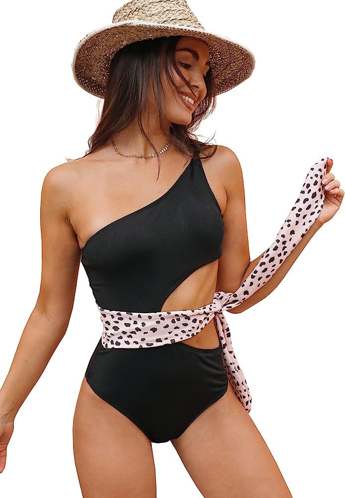 SPORLIKE Women One Piece Swimsuit One Shoulder Swimwear Ribbed Color Block Bathing Suit | Amazon (US)