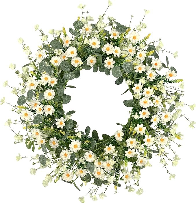 Pinkpum Spring Daisy Wreath for Front Door, White Artificial Floral Wreath with Eucalyptus Leaves... | Amazon (US)