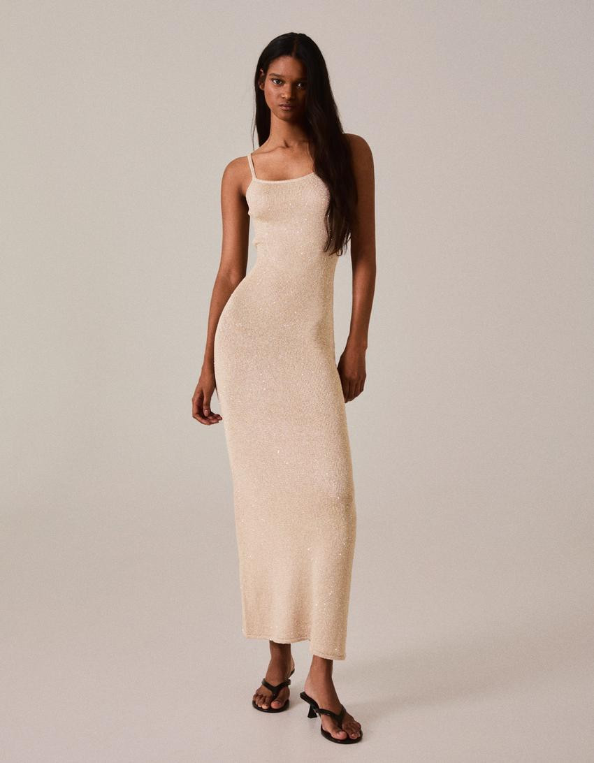 Sequin midi dress with straps | Bershka UK