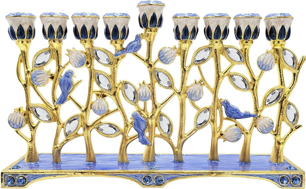 Hanukkah Menorah Enamel Pomegranate & Blue Bird Design, Hand-Painted Enameled Metal Menorah | Amazon (US)