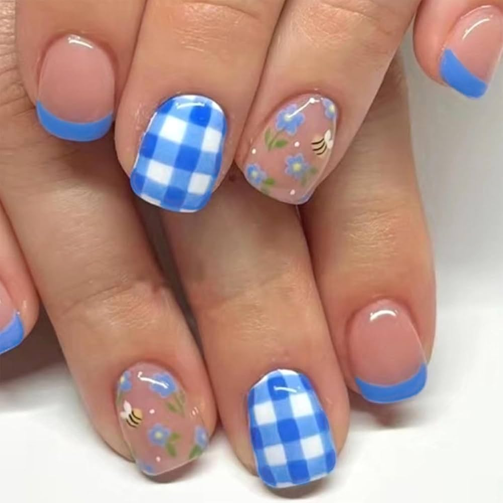 French Tip Blue White Check Press on Nails Cute Bee Flower False Nails Glossy Full Cover Artifici... | Amazon (US)
