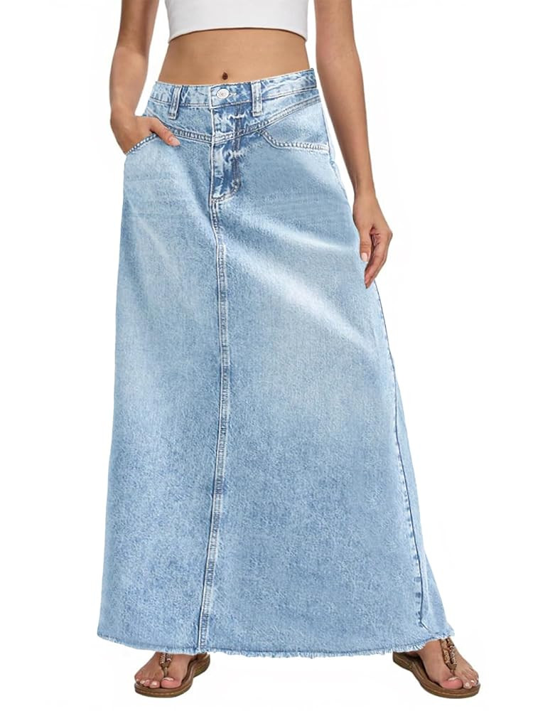 Fisoew Women's Vintage Denim Maxi Skirt Casual High Waist A-Line Frayed Hem Long Jean Skirt with ... | Amazon (US)