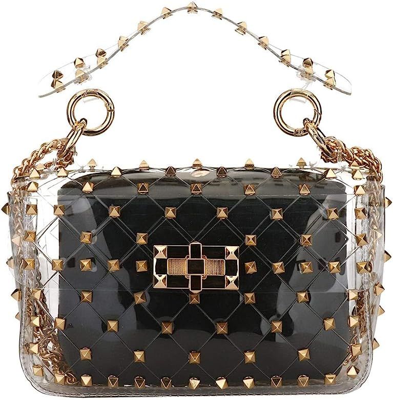Fashion 2 in 1 Clear Tote Bag Rivet Transparent Design Handbag Metal Chain Clutch Purse Shoulder ... | Amazon (US)