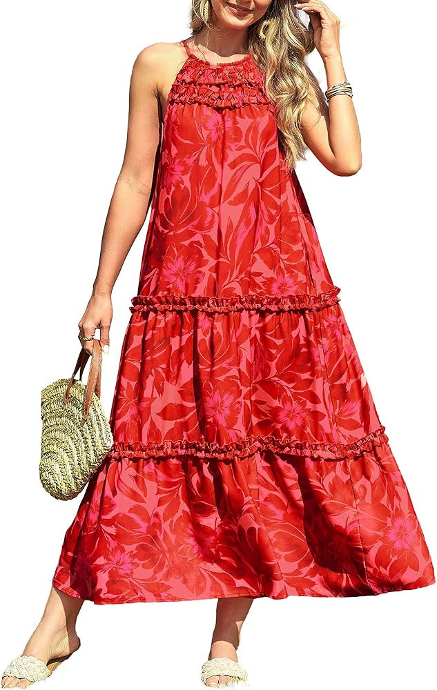 GRACE KARIN 2026 Women's Floral Halter Maxi Dress Boho Summer Beach Sundress with Tiered Ruffle S... | Amazon (US)