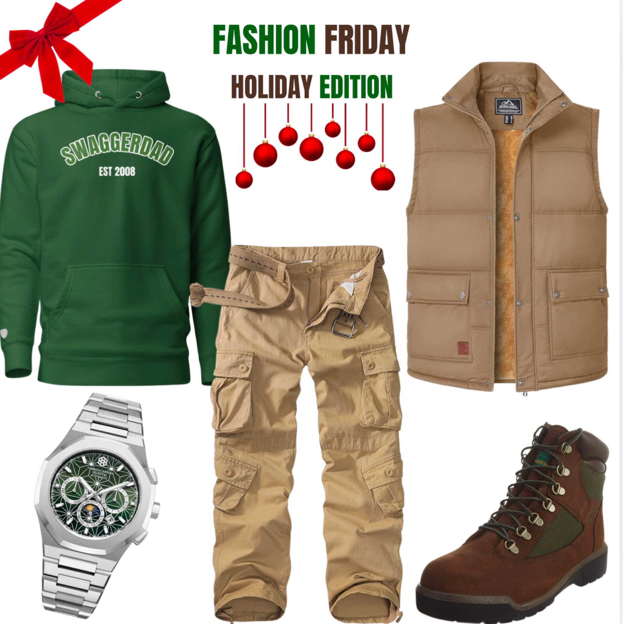 🎄Fashion Friday: Holiday Edition Swagger🎅

This week’s Fashion Friday is all about staying fresh while repping the holidays in style! Our holiday edition hoodies in bold green and festive red are the perfect base to build your winter drip.

🔥 Here’s how we styled it:
	•	Layered with a sleek puffer vest for that effortless, cozy vibe.
	•	Paired with classic cargo pants—because function meets swag.
	•	Rocking Timbs to keep it rugged yet clean.
	•	And the ultimate flex? The Turbion Carrara—because accessories make the man.

Whether you’re running errands with the fam or pulling up to a holiday party, this look will have you turning heads.

Stay cozy. Stay confident. Stay Swaggerdad. 💯

📸 Drop a pic in your holiday fit and tag us! We might feature you.

#Swaggerdad #HolidayEdition #FashionFriday #StayFresh