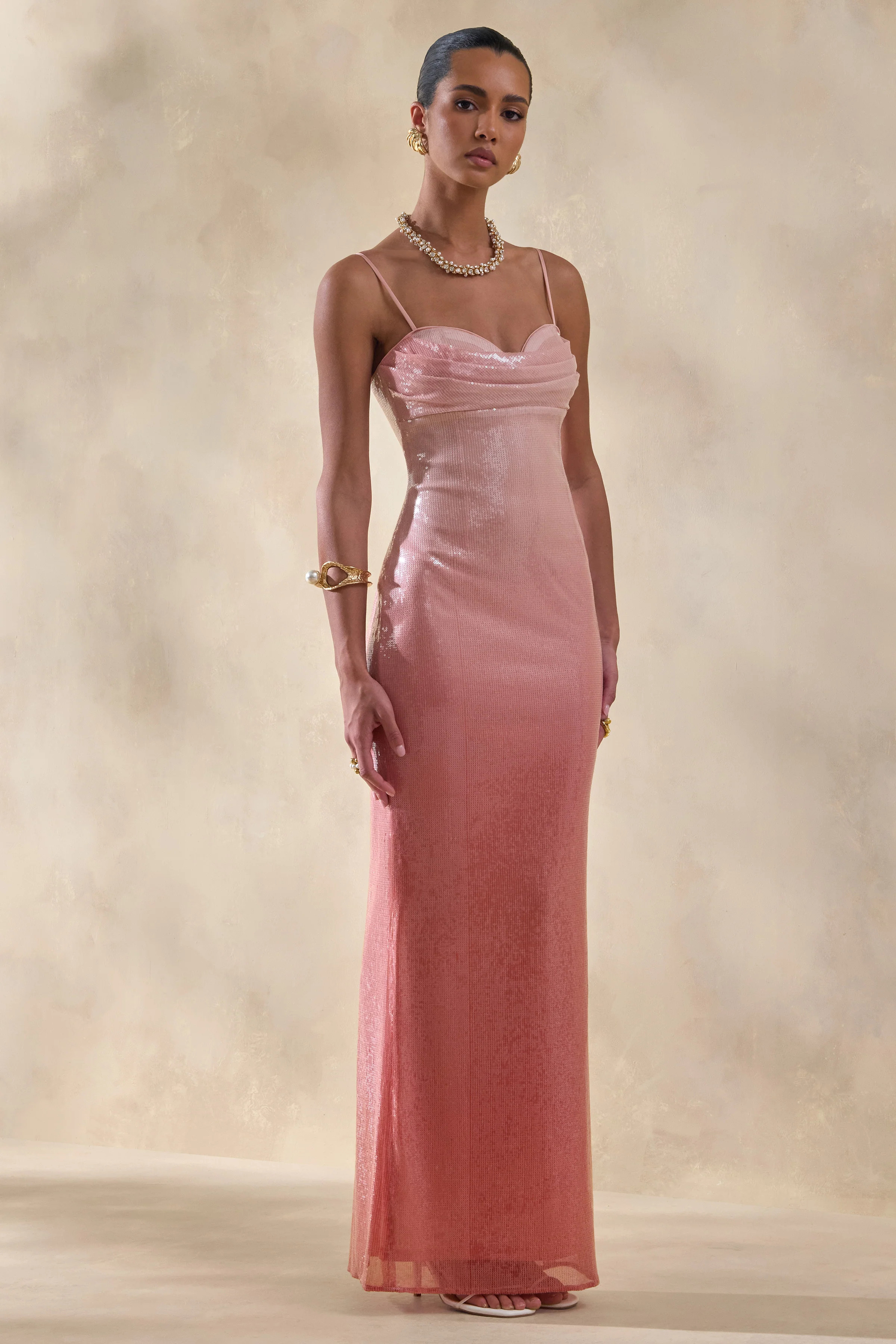 Feloria | Coral Ombre Sequin Cowl-Neck Maxi Dress | Club L London