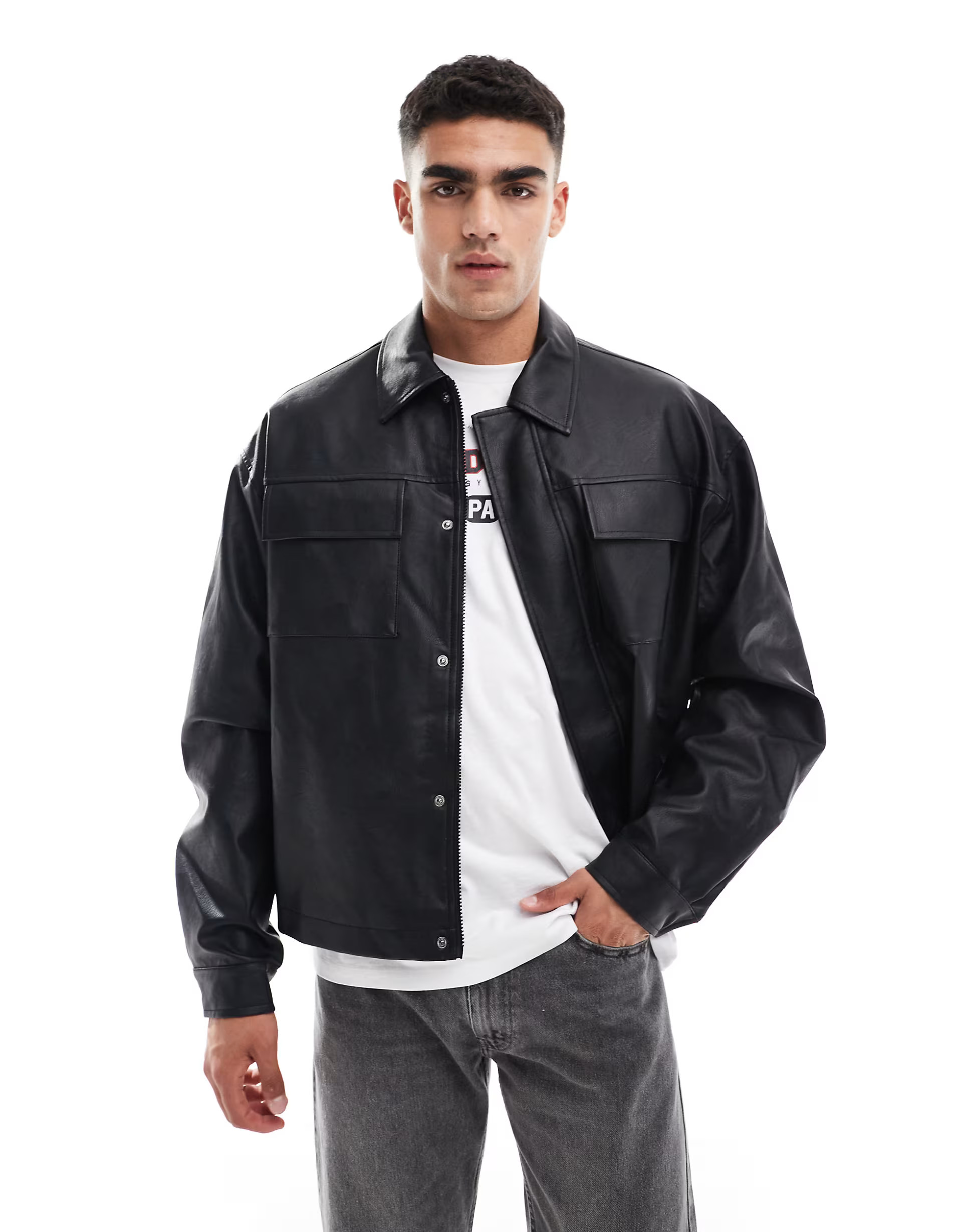 ASOS DESIGN faux leather oversized shacket with pockets in black | ASOS | ASOS (Global)