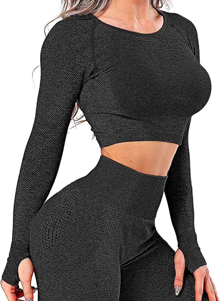 Women's Yoga Gym Crop Top Compression Workout Athletic Short/Long Sleeve Shirt | Amazon (US)