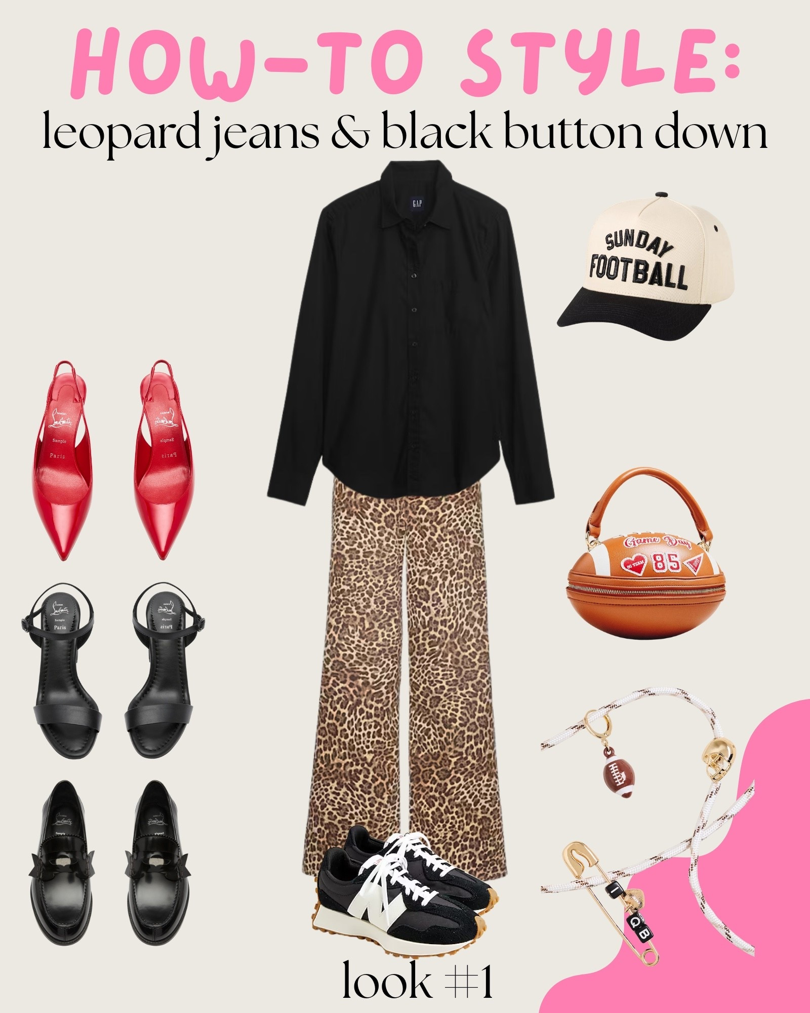 My how-to guide for styling leopard jeans and a black button down: look one. ☝🏼 

This is my take on a causal football game day look. You can wear it to game day, tailgating or a watch party (depending on your school colors). You can change the hat, add a sports team t-shirt underneath, and add a fun team spirit button. 🏈

#LTKU #LTKSeasonal #LTKStyleTip