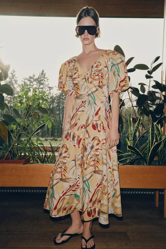 BALLOON SLEEVE PRINTED MIDI DRESS | Zara US
