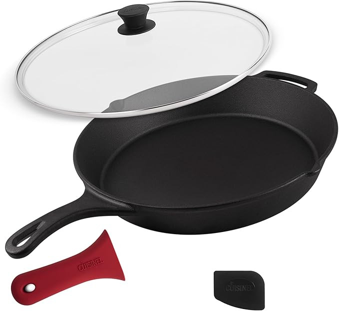 Cuisinel 15" Cast Iron Skillet + Glass Lid Cover + Black Pan Scraper + Silicone Handle Grip Cover... | Amazon (US)