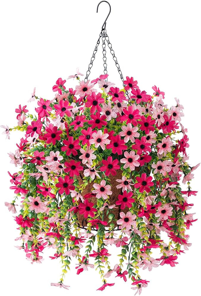 Artificial Fake Spring Hanging Flowers Plants with Basket Outdoor Flower Decor, Faux Silk Colorfu... | Amazon (US)