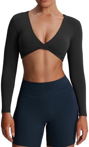Aoxjox Long Sleeve Crop Tops for Women Metamorph Sienna Twist Deep V Workout Cropped T Shirt Top | Amazon (US)