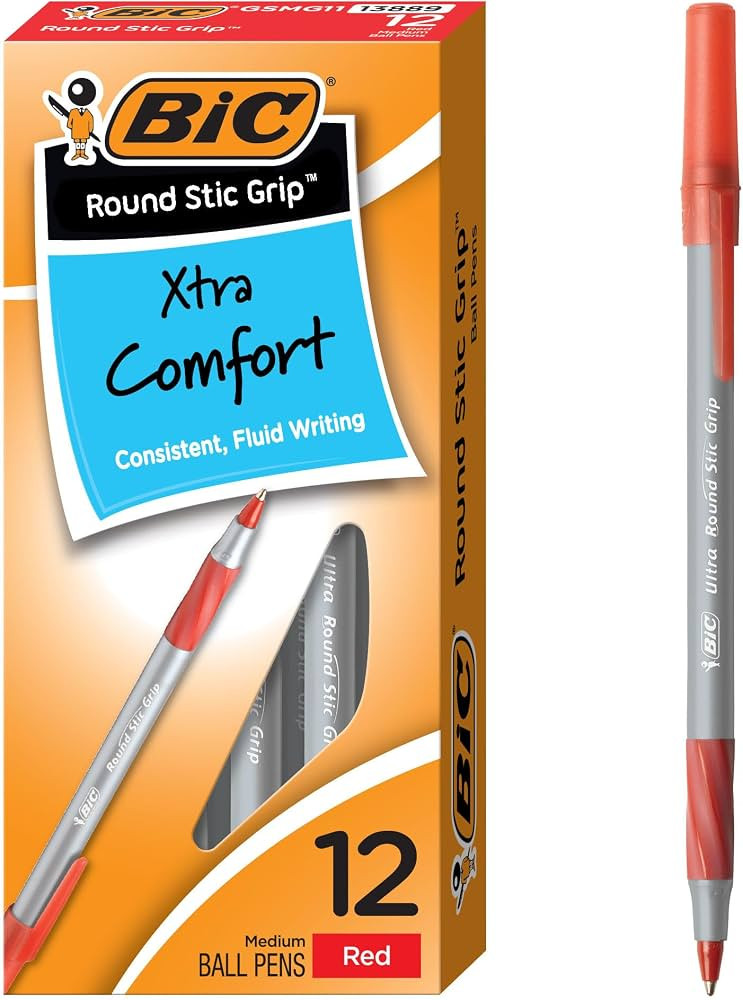 BIC Round Stic Grip Xtra Comfort Red Ballpoint Pens, 12-Count, 1.2mm | Amazon (US)