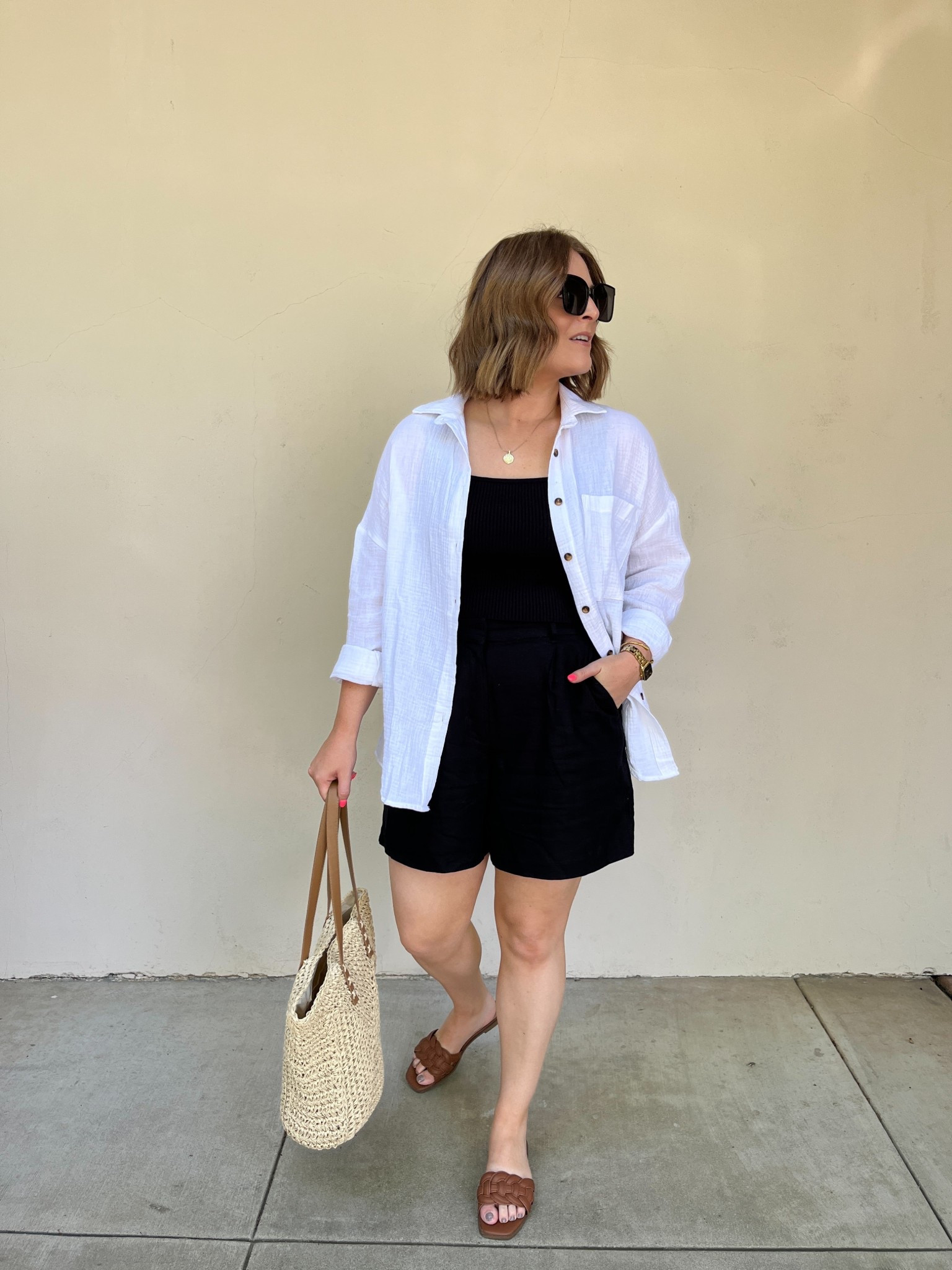 Effortless Summer look // not a big fan of shorts, but if I have to wear them, I will always choose a pair with a stretchy waistband. The gauze button down elevates the whole look 

#LTKSummerEdit #LTKStyleTip #LTKMidsize