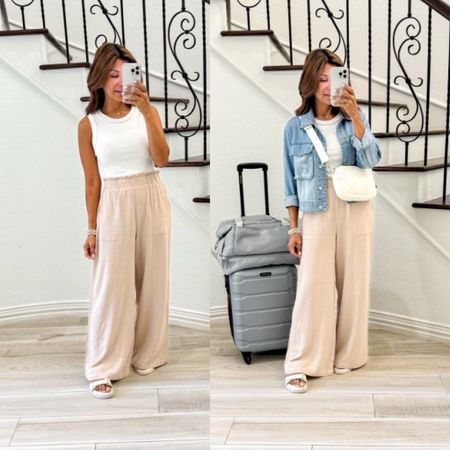 Travel outfit, airport outfit! Amazon’s summer’s best tank top and best linen pants! Ordered more colors in both. 
Tank top in small, color white; it is ribbed and not see through and you can wear regular bra. It’s stretchy and fits tts.
Linen pants in small, tts. Color Apricot. I’ve washed these pants in cold water in the washer and hung to dry and steamed: no shrinking! I looove! Great for travel, work, or casual.
Denim jacket in small. My fav and restocked! Also linking another one.
Sandals fit tts. One of my most worn sandals last spring and summer. I have it in black too. You can wear sneakers with this outfit too and linked Adidas Sambas that would look great.
Puffer bag, light gray bag, and luggage are all linked as well! 
Travel outfit, airport outfit, Amazon finds, linen pants that are petite-friendly, casual dress, casual outfit, spring outfit, summer outfit, fashion over 40, outfit ideas, mom outfit, petite style. 


#LTKfindsunder50 #LTKtravel #LTKshoecrush