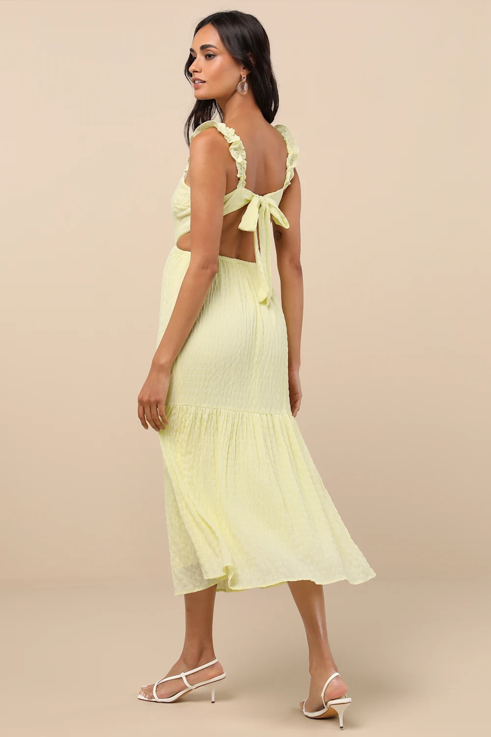 Dreamiest Darling Yellow Smocked Tie-Back Tiered Midi Dress | Lulus