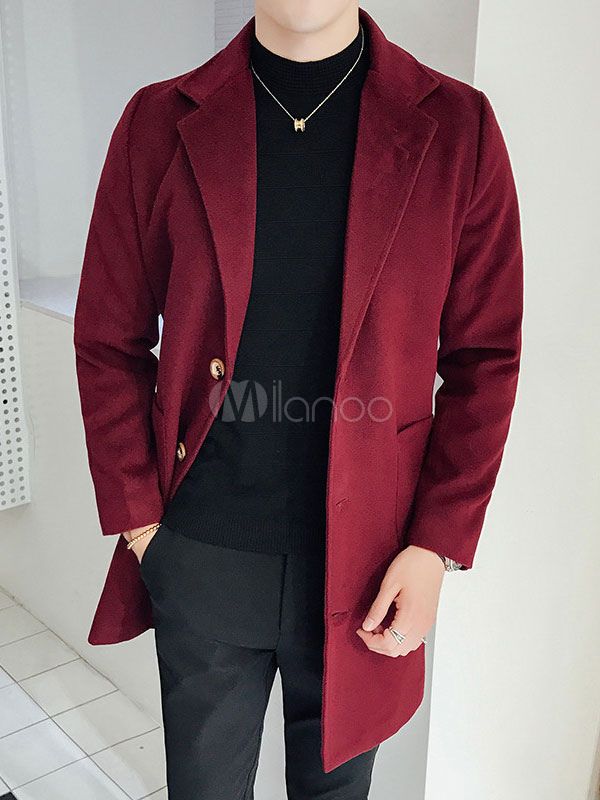 Men Burgundy Coat Turndown Collar Long Sleeve Peacoat Front Button Long Coat | Milanoo