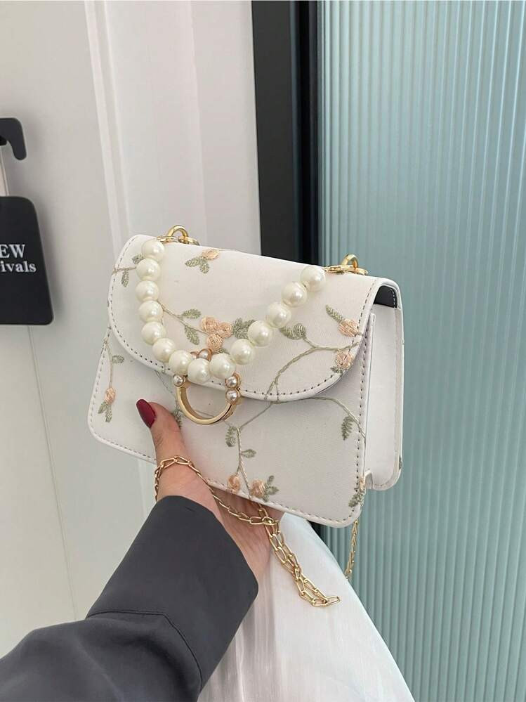 Argyle Princess Faux Pearl & Rhinestone Pearl Chain & Decor Mini Square Bag Flower Embroidery Faux Pearl Decor Fashionable For Party, Wedding, Prom And Dinner, Lipsticks, Women's Pearl Bag | SHEIN