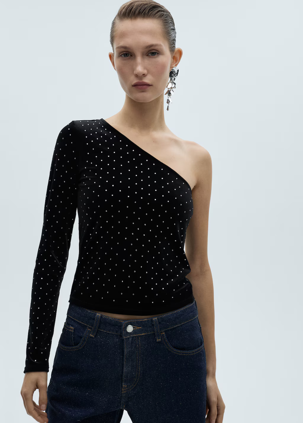 Asymmetrical velvet top with rhinestones - Women | MANGO United Kingdom | MANGO (UK)