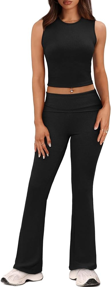 XIEERDUO Lounge Sets For Women 2 Piece Casual Y2K Outfits Sleeveless Cropped Tank Top Fold Over F... | Amazon (US)
