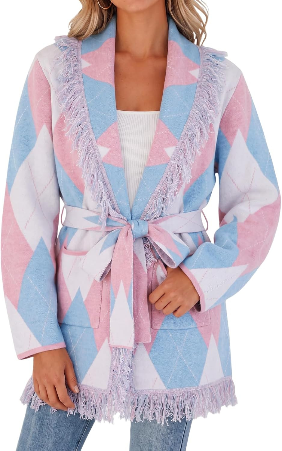 Cicy Bell Women Open Front Cardigans Fringe Argyle Shawl Wrapped Sweaters | Amazon (US)