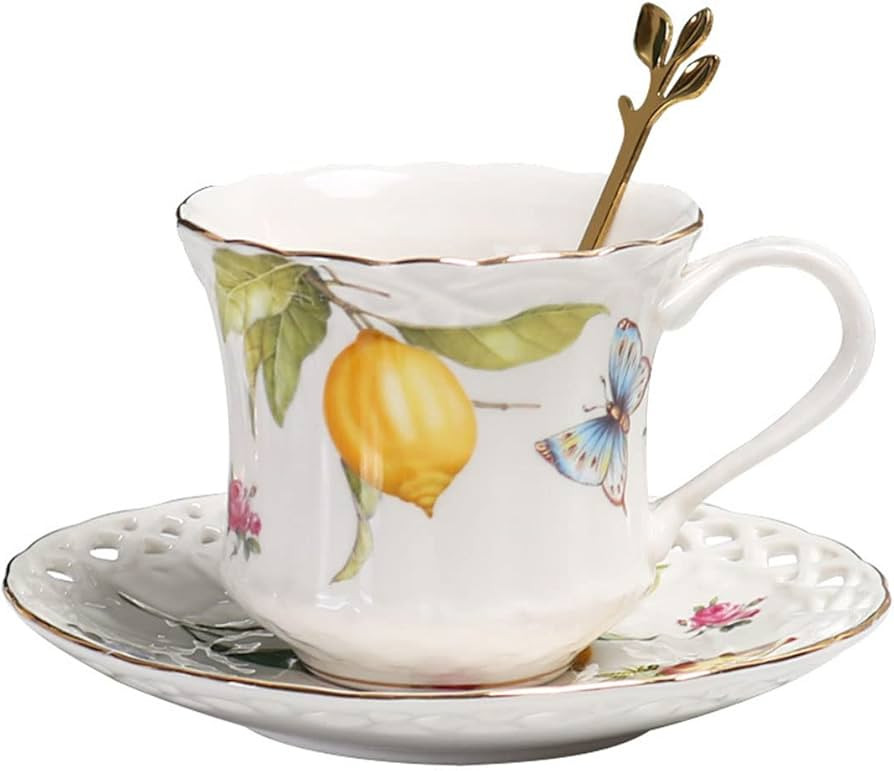 Sizikato Porcelain Cup and Saucer Set with Golden Spoon, 6oz Tea Cup Coffee Mug, Lemon and Butter... | Amazon (US)