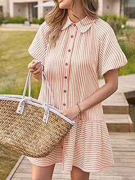 Wenrine Womens Summer Button Down Shirt Dress Casual Striped Puff Short Sleeve Collared Loose Min... | Amazon (US)