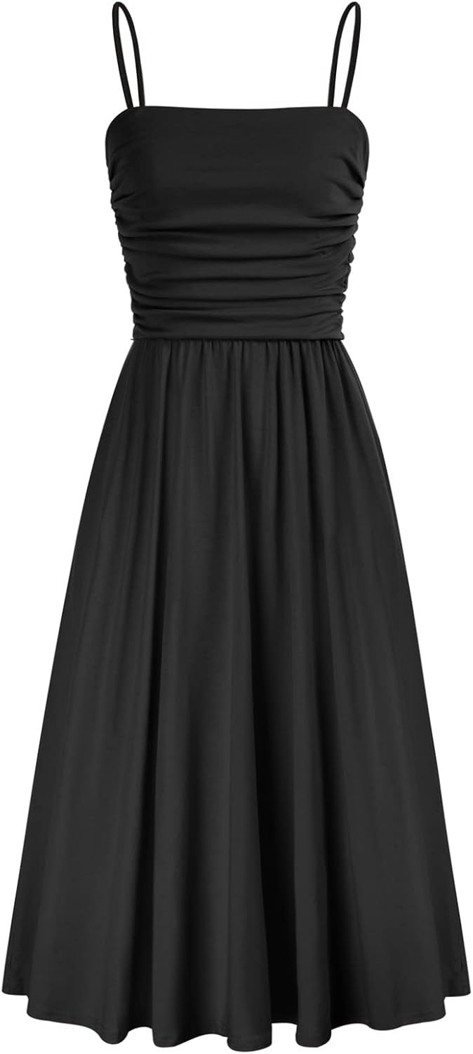 GRACE KARIN Women Spaghetti Srap Ruched Ruffle Swing Long Dress with Pockets | Amazon (US)