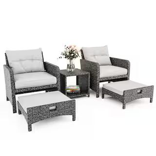 5-Pieces Wicker Patio Furniture Set Outdoor Patio Chairs with Ottomans, Gray Cushions | The Home Depot