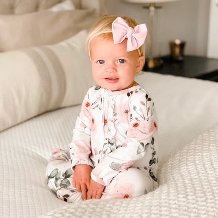 Millie's Dusty Rose Floral Zipper Ruffle Footie | Caden Lane