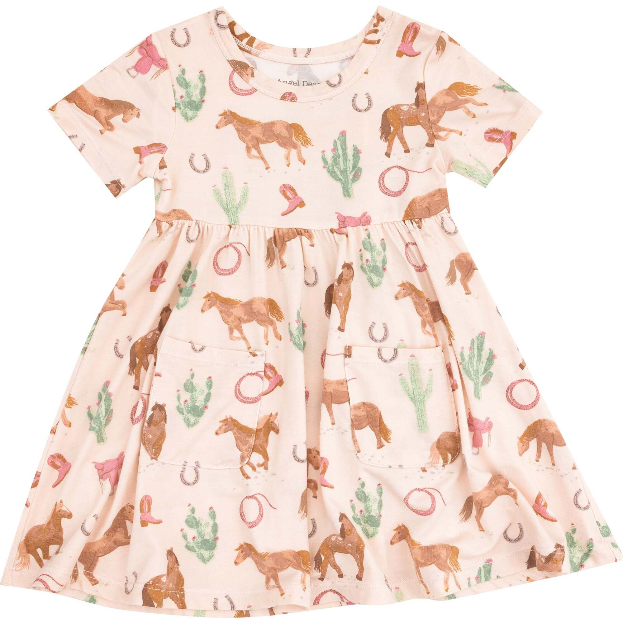 Short Sleeve Twirly Dress, Western Horses Pink | Maisonette