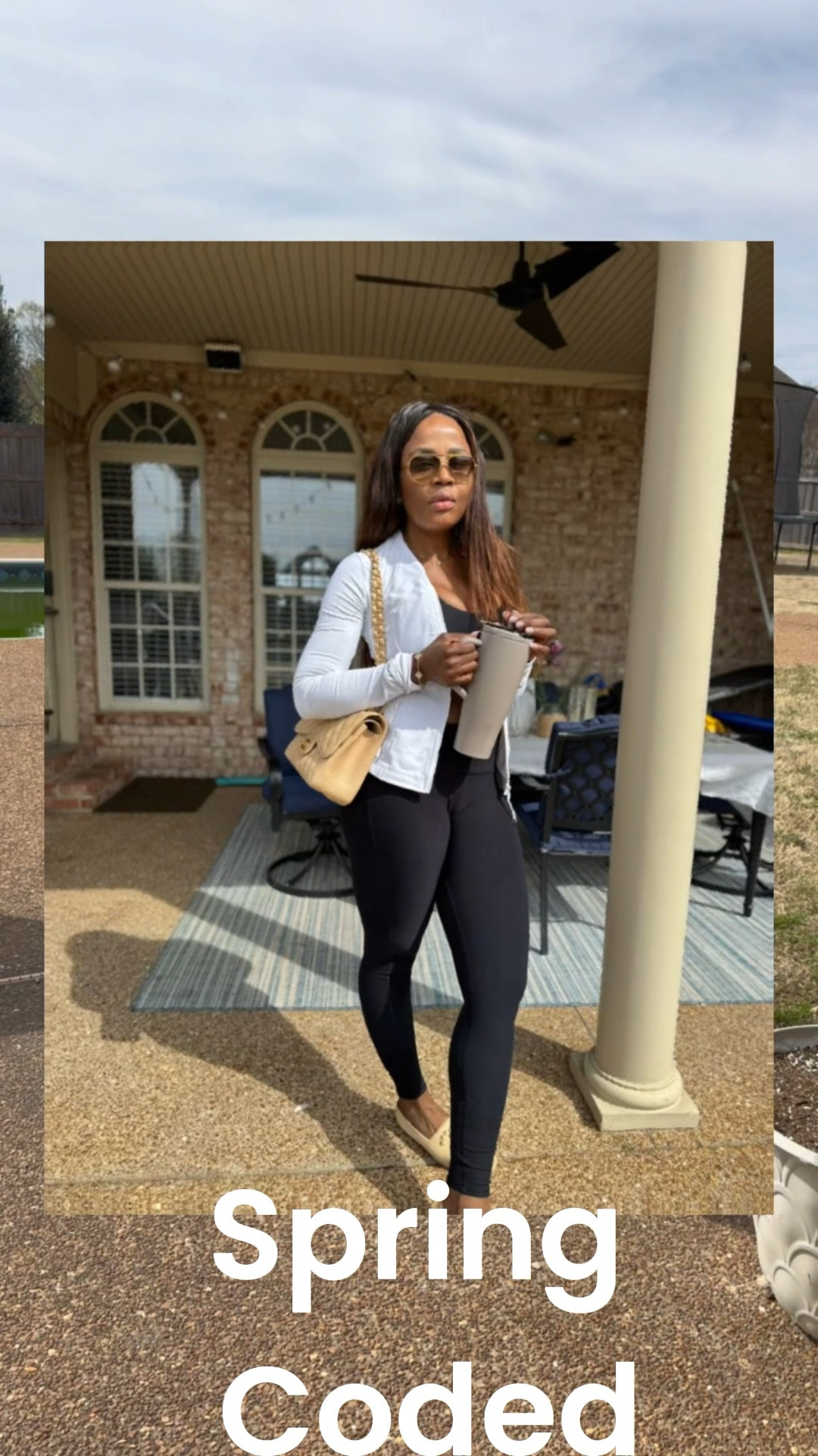 Sunshine, birds singing, garden growing, and pollen absolutely fighting for its life on this back porch. 😅🌿 Today was too beautiful not to step outside, get some vitamin D, refresh the space, and enjoy the little things. Wearing my Lululemon Define jacket, Alo leggings and training bra, Chanel espadrilles, Chanel flap bag, Louis Vuitton shades, Dior lip, Vera Wang perfume, and of course my  cup in hand. Zyrtec is on deck, hydration is handled, and spring in the countryside is officially doing what it came to do. @Alo Yoga 

#LTKStyle #LTKSpring #SpringRefresh #GardenLifestyle #CountrysideStyle #LuxuryLifestyle #EverydayStyle #AthleisureOutfit #OutdoorMoments #SpringFashion #BrumateObsessed 

#LTKootd #LTKgrwm #LTKHome #LTKActive