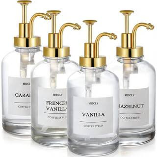 4-Piece Gold Pump Clear Glass Leak-Proof Labeled Coffee Syrup Dispenser, 16.9 oz. Syrup Dispenser with Labels for Bar | The Home Depot