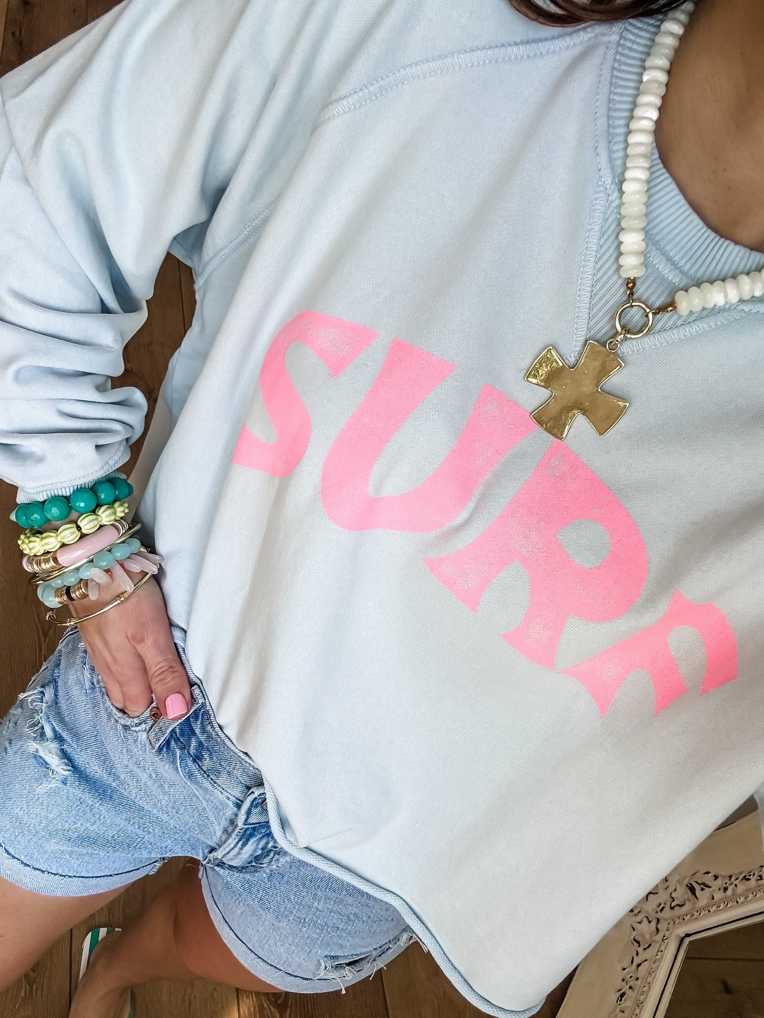Outfit code: DREAMTEAM
Jewelry code: HOUSEOFLEO20
Sweatshirt small. Denim shorts 0.

#LTKSaleAlert #LTKOver40