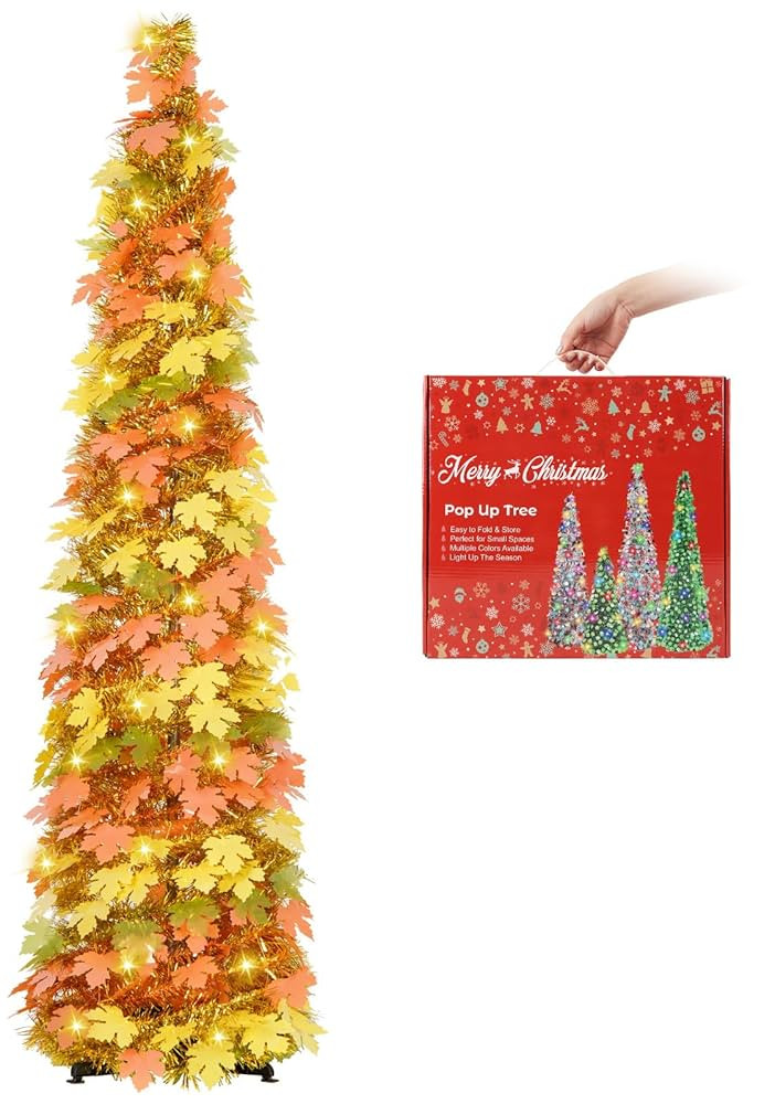MACTING Fall Tree with 100 LED Warm Lights 5FT Collapsible Autumn Maple Leaf Pop Up Tinsel Tree B... | Amazon (US)