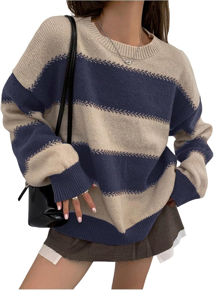 SweatyRocks Women's Striped Sweater Vintage Color Block Chunky Cozy Sweaters Winter Clothing | Amazon (US)