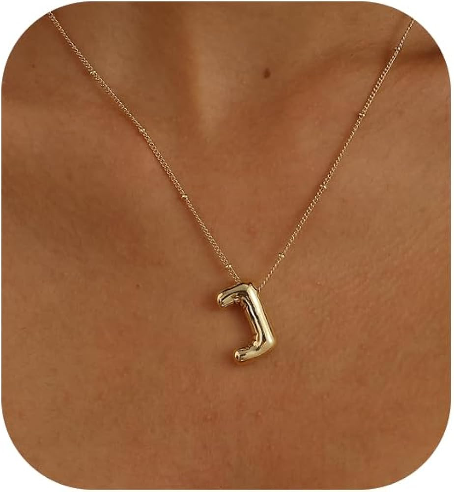 Gold Bubble Letter Necklace for Women, 14k Gold Plated Balloon Initial Letter Pendant Necklace Da... | Amazon (US)