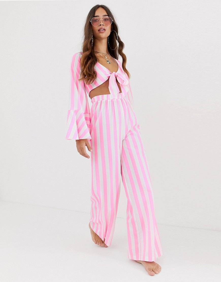 ASOS DESIGN wide leg beach pants in pink stripe co-ord-Multi | ASOS (Global)