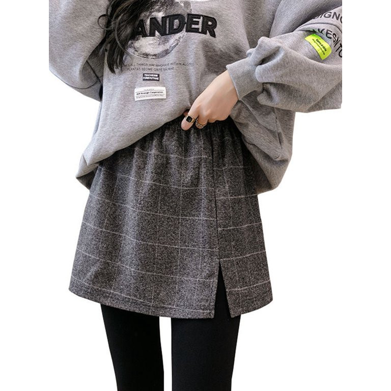 Seyurigaoka Women Juniors Fall Skirt, Plus Sized Thick Plaid Elastic Waist Short Skirt Side Slit | Walmart (US)