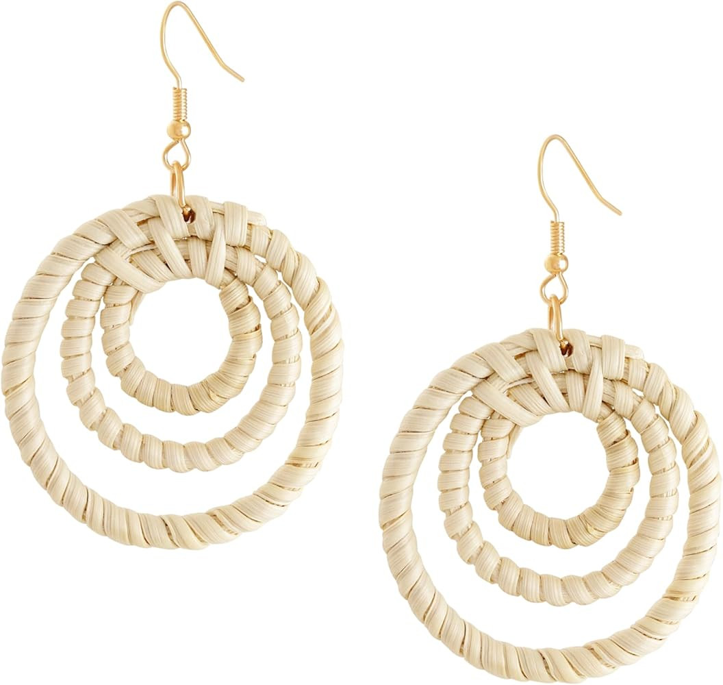 MINACHI Boho Chic Handmade Rattan Wood Dangle Drop Earrings for Women, Bohemian Summer Beach Stat... | Amazon (US)
