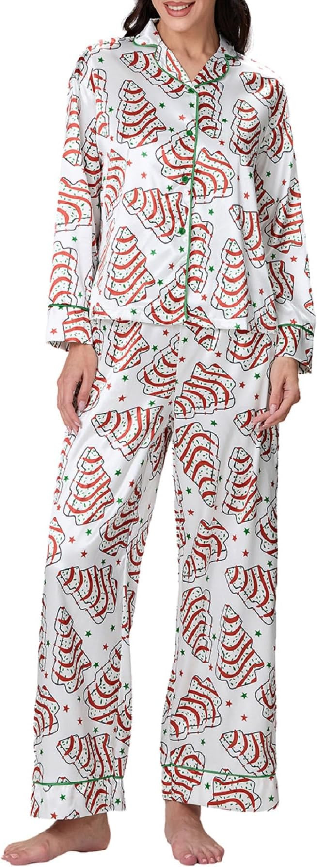 Faretumiya Women Silk Satin Christmas Pajamas Xmas Long Sleeve Sleepwear Holiday Print Two Piece ... | Amazon (US)