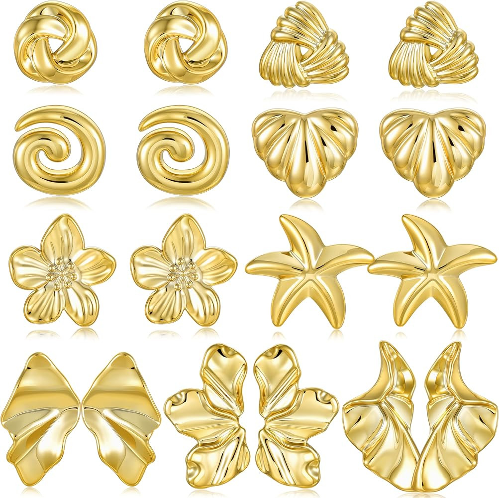 Chunky Gold Earrings Set for Women, 9 Pairs Hypoallergenic Lightweight Earring Pack, Large Gold S... | Amazon (US)