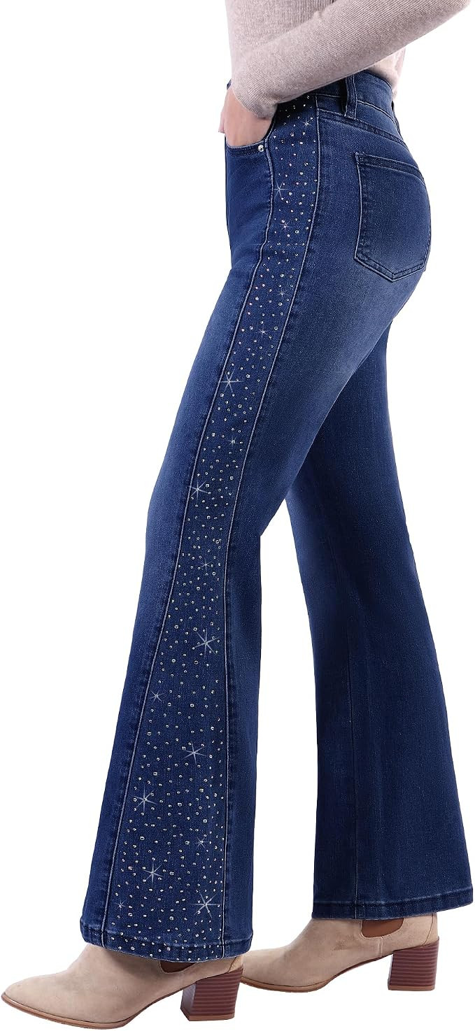 GRAPENT Flare Jeans for Women High Waisted Trendy Wide Leg Embellished Rhinestone Sparkly Concert... | Amazon (US)
