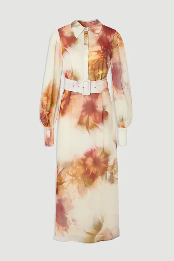 Floral Print Georgette Belted Woven Shirt Dress | Karen Millen US