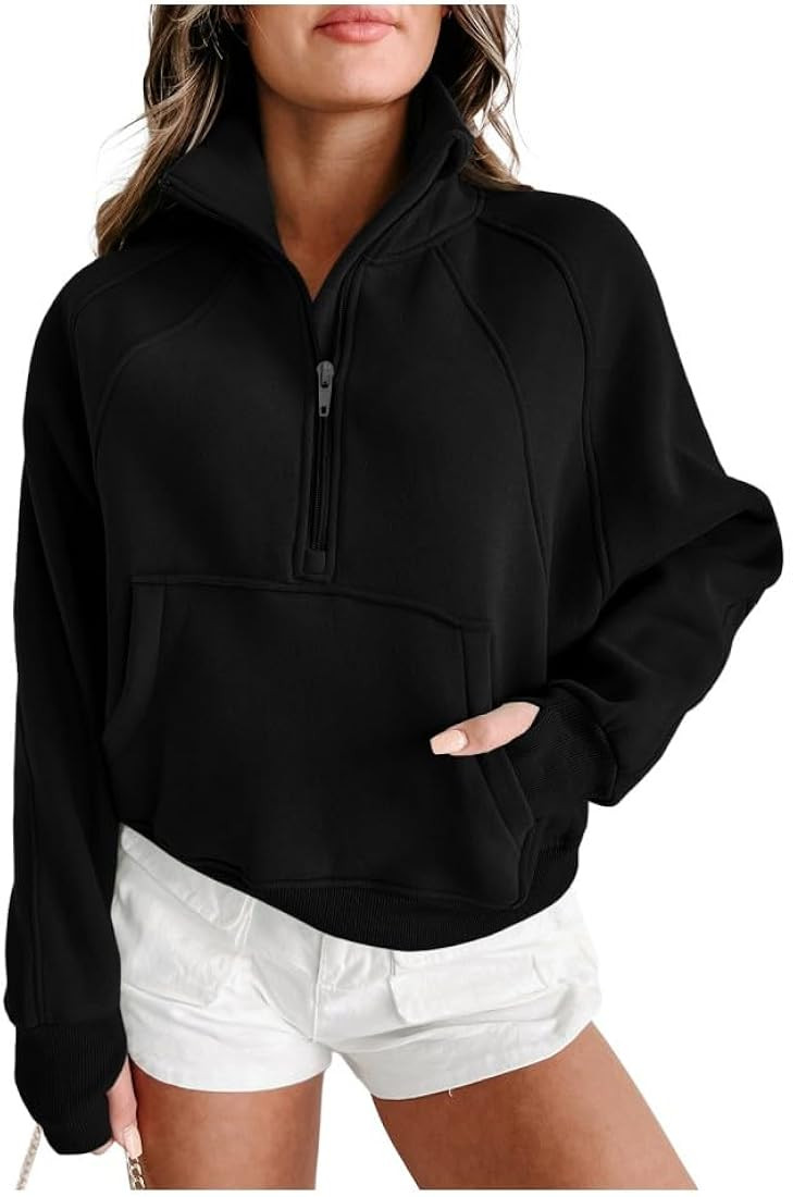 Women Zippered Standing Neck Pullover Pocket Sweatshirt Solid Color Knitted Sweater Long Sleeve B... | Amazon (US)