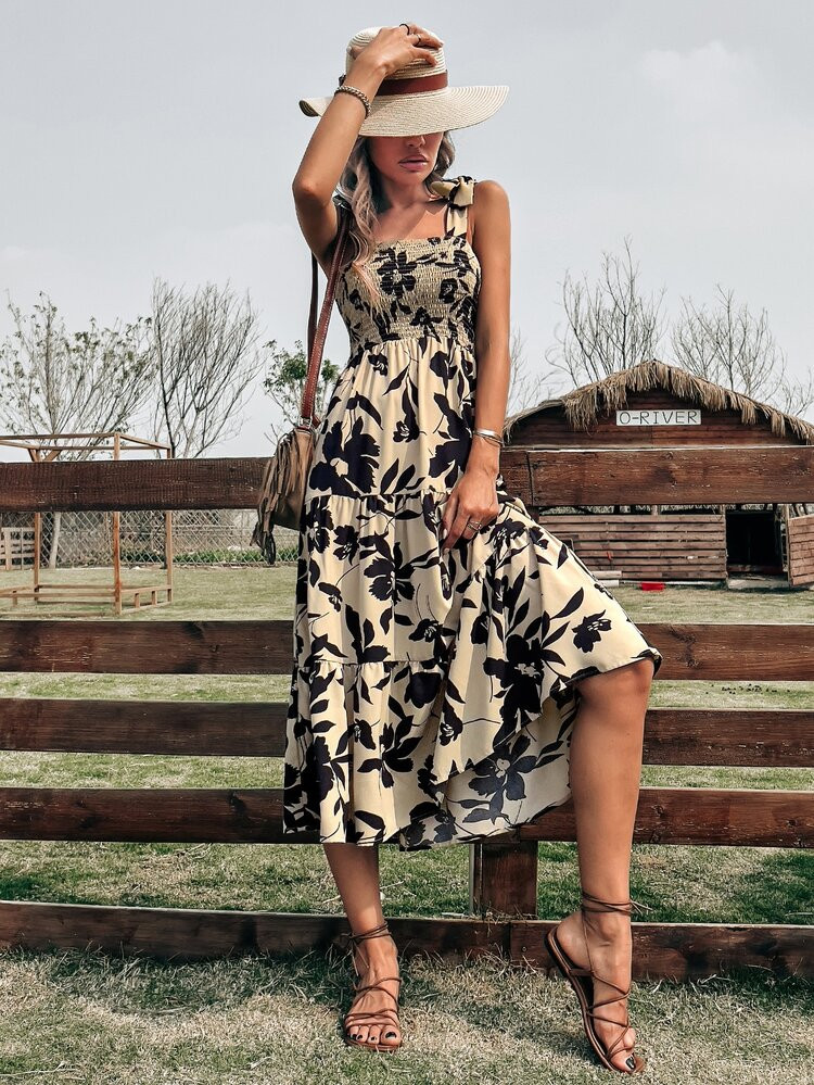 Floral Knot Shoulder Shirred Ruffle Hem Cami Dress | SHEIN