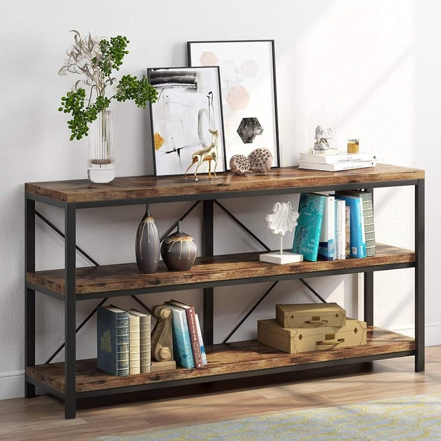 55 Inches Long Sofa Table with Storage Shelves, 3 Tiers Industrial Rustic Console Table with Open... | Amazon (US)